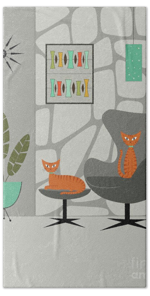 Mid Century Modern Beach Towel featuring the digital art Orange Cat in Gray Stone Wall by Donna Mibus