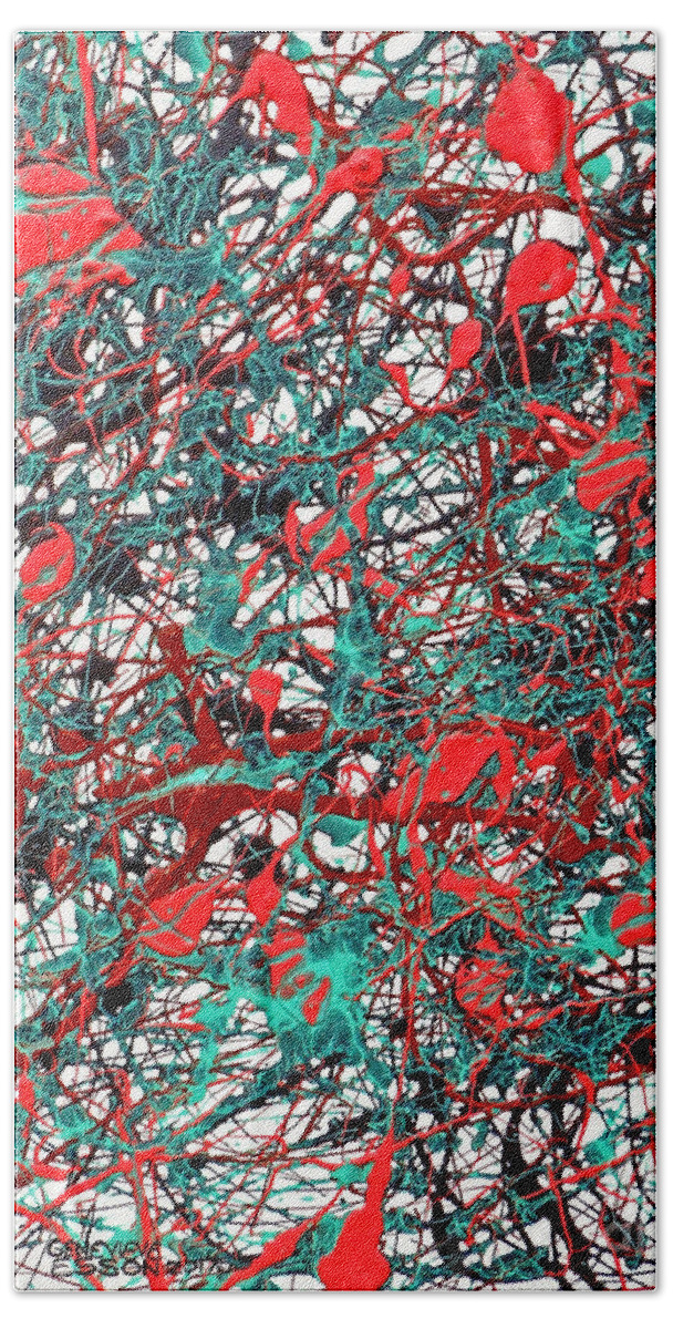 Jacksonpollock Beach Towel featuring the painting Orange Turquoise Drip Abstract by Genevieve Esson