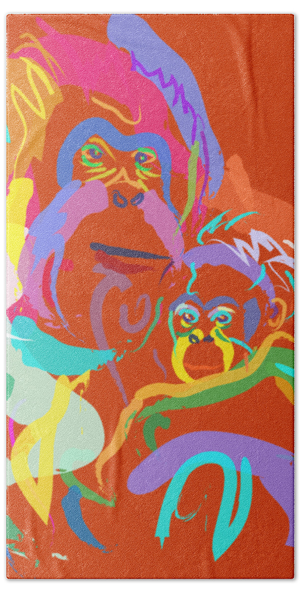 Orangutan Art Beach Towel featuring the painting Orangutan mom and baby by Go Van Kampen