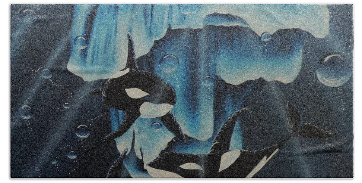 Antarctica Beach Sheet featuring the painting Orcas versus Glacier by Dianna Lewis