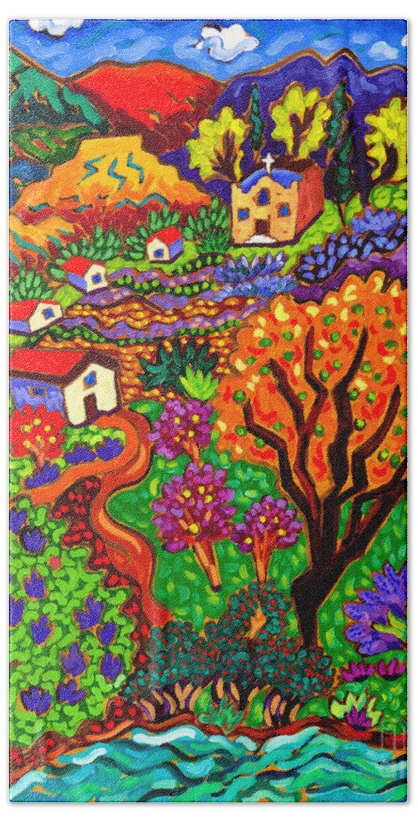 Rio Grande Beach Towel featuring the painting Orchard Village by Cathy Carey