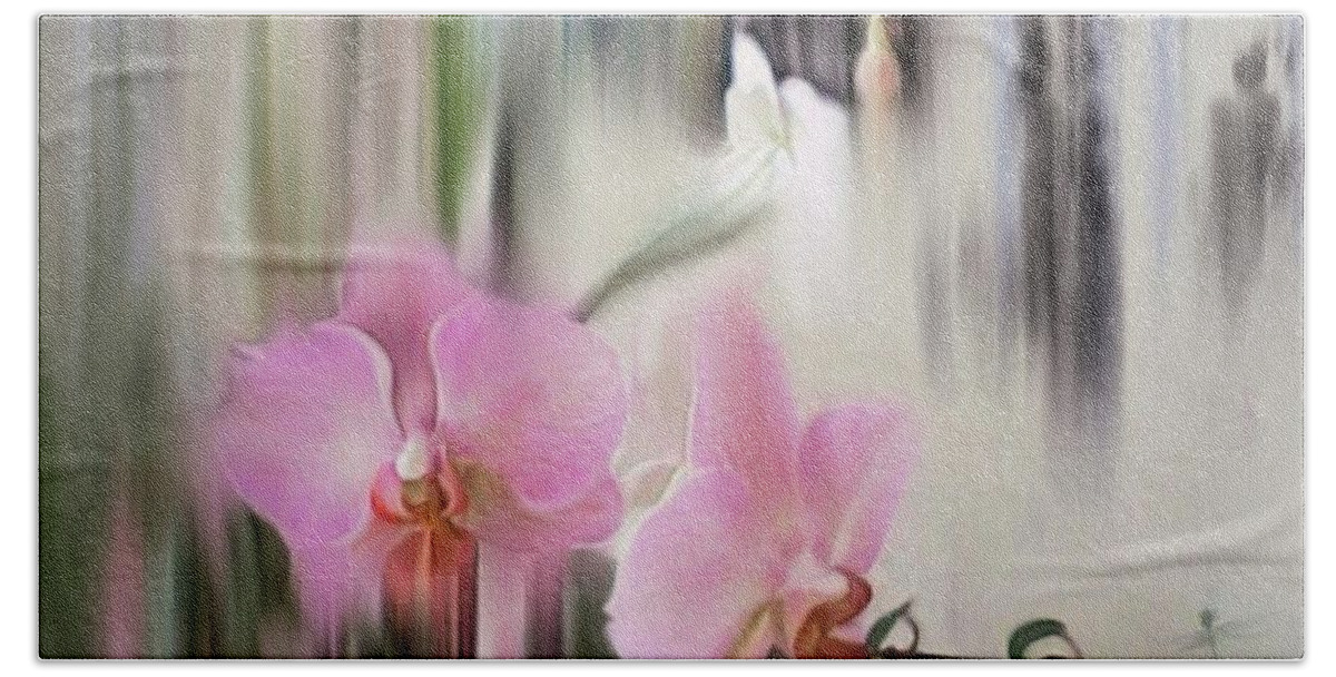 Orchids Beach Towel featuring the digital art Orchids with dragonflies by Sand And Chi