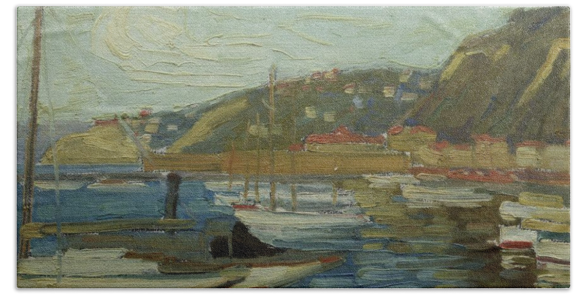 Oriental Bay Beach Towel featuring the painting Oriental Bay, Wellington, circa 1918, by Ernest George Hood by Celestial Images