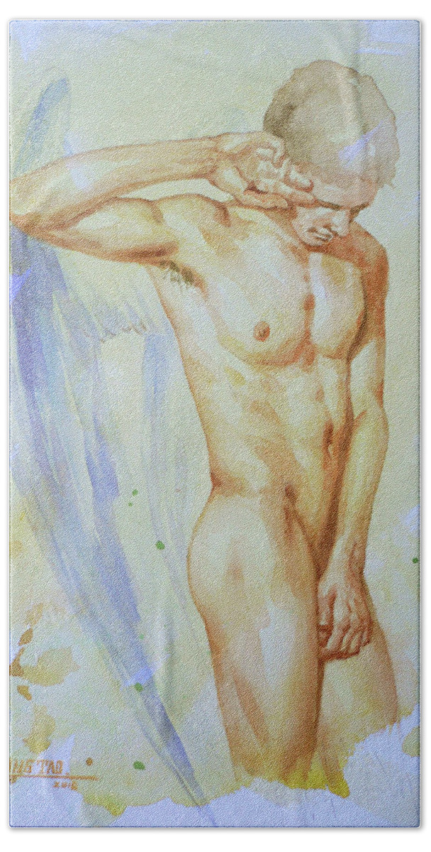 Original Art Beach Towel featuring the painting Original Art Angel Of Male Nude On Paper #16-5-3-02 by Hongtao Huang