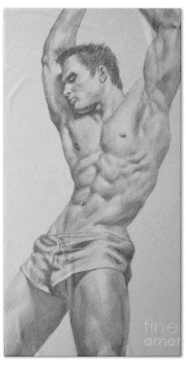 Original Art Beach Towel featuring the drawing Original Charcoal Drawing Art Male Nude Man On Paper #16-3-11-40 by Hongtao Huang