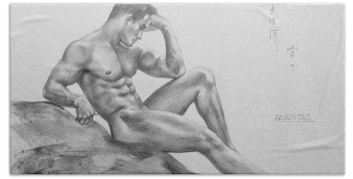 Drawing Beach Sheet featuring the drawing Original Charcoal Drawing Art Male Nude On Paper #16-3-11-35 by Hongtao Huang