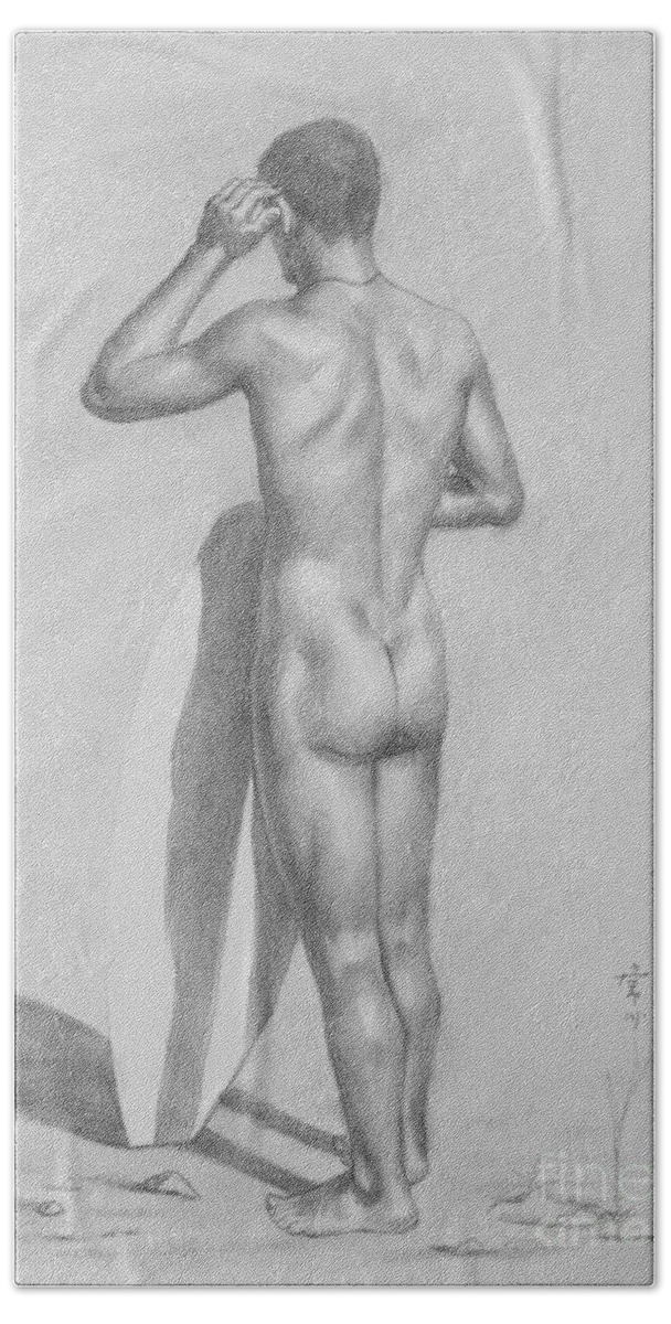 Drawing Beach Towel featuring the drawing Original Charcoal Drawing Art Male Nude Seaside On Paper #16-3-11-34 by Hongtao Huang