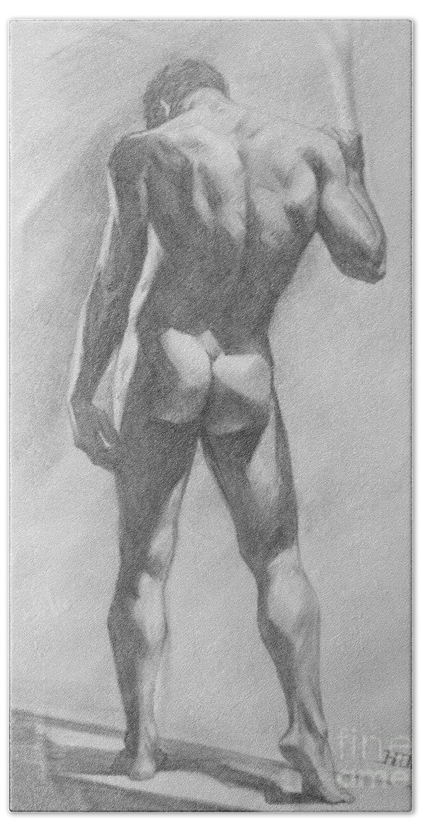 Original Art Beach Sheet featuring the painting Original Charcoal Drawing Male Nude Mam On Paper #16-1-15-02 by Hongtao Huang