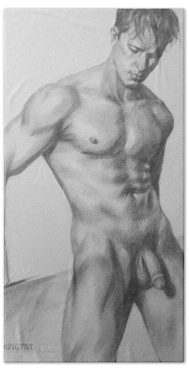 Original Art Beach Towel featuring the drawing Original Charcoal Drawing Male Nude Man On Paper #16-1-15 by Hongtao Huang