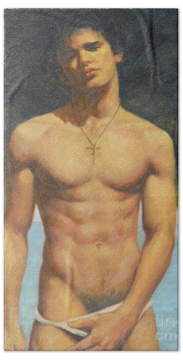 Original Oil Painting Beach Towel featuring the painting Original man oil painting gay body art- male nude by the pool by Hongtao Huang
