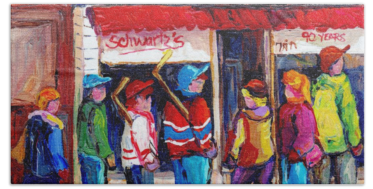 Schwartz The Musical Montreal Beach Towel featuring the painting Original Montreal Schwartz Paintings For Sale Winterscene Canadian Hockey Scenes C Spandau Artist  by Carole Spandau