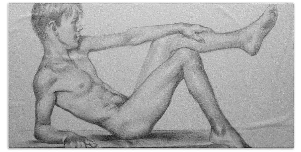 Drawing Beach Sheet featuring the drawing Original Pencil Drawing Male Nude Boy On Paper #16-9-29 by Hongtao Huang