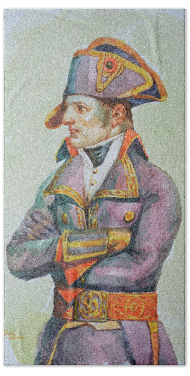 Original Art Beach Towel featuring the painting original watercolor painting artwork portrait of NapoLeon on paper#10-029-01 by Hongtao Huang