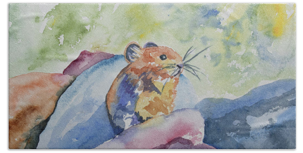 Pika Beach Towel featuring the painting Original Watercolor - Pika on the Rocks by Cascade Colors