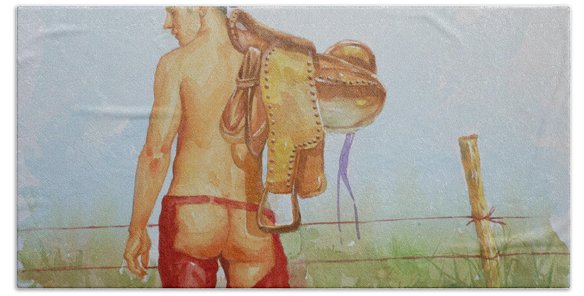 Original Art Beach Towel featuring the painting Original Watercolour Painting Art Cowboy Men On Paper #16-2-5-40 by Hongtao Huang