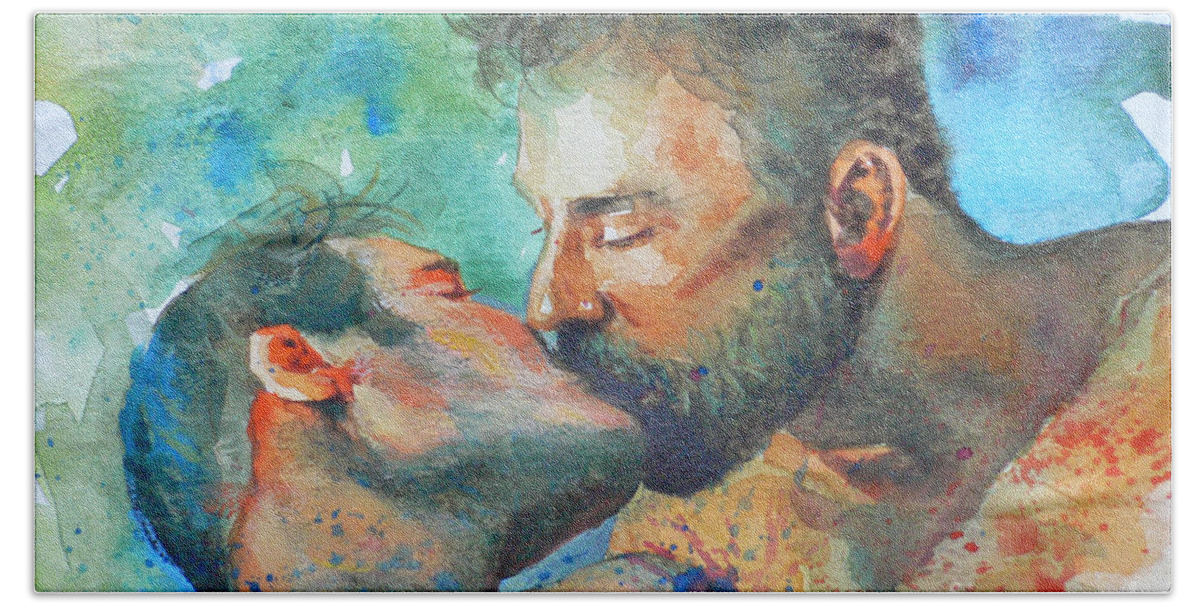 Original Art Beach Sheet featuring the painting Original Watercolour Painting Art Portrait Of Two Men ' Kiss On Paper #16-1-26-07 by Hongtao Huang