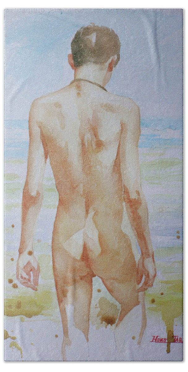 Watercolour Beach Towel featuring the painting Original Watercolour Painting Boy Nude On Paper#16-9-19 by Hongtao Huang