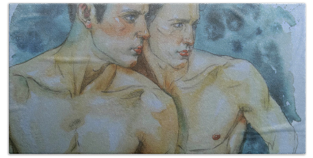 Watercolour Beach Towel featuring the painting Original Watercolour Painting- Two Men#180724 by Hongtao Huang