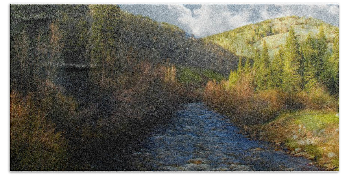 Origins Of Delores River San Juan Mountains Colorado Beach Towel featuring the digital art Origins of Delores River by Annie Gibbons
