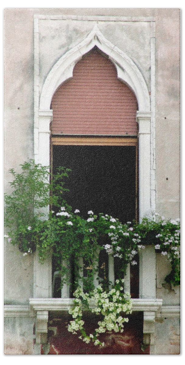 Donna Corless Beach Sheet featuring the photograph Ornate Window with Red Shutters by Donna Corless