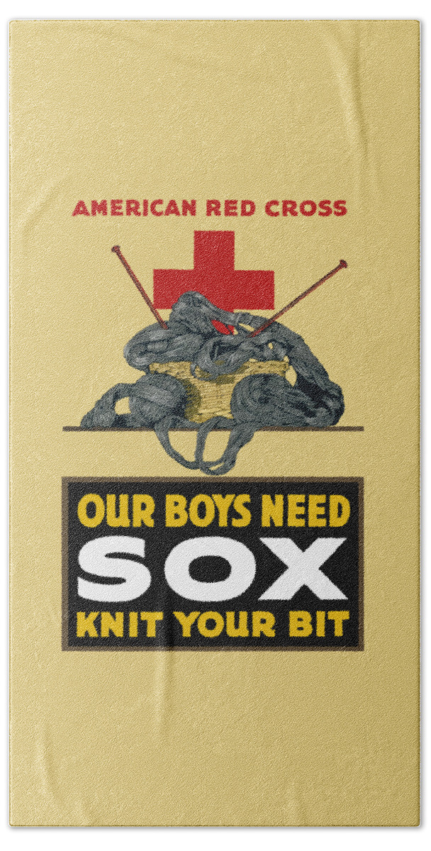 Red Cross Beach Towel featuring the painting Our Boys Need Sox - Knit Your Bit by War Is Hell Store