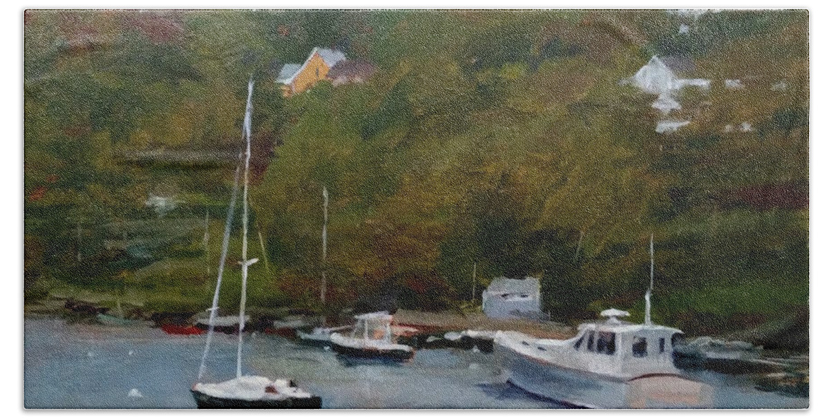 Landscape Beach Towel featuring the painting Overcast Day at Rockport Harbor by Peter Salwen