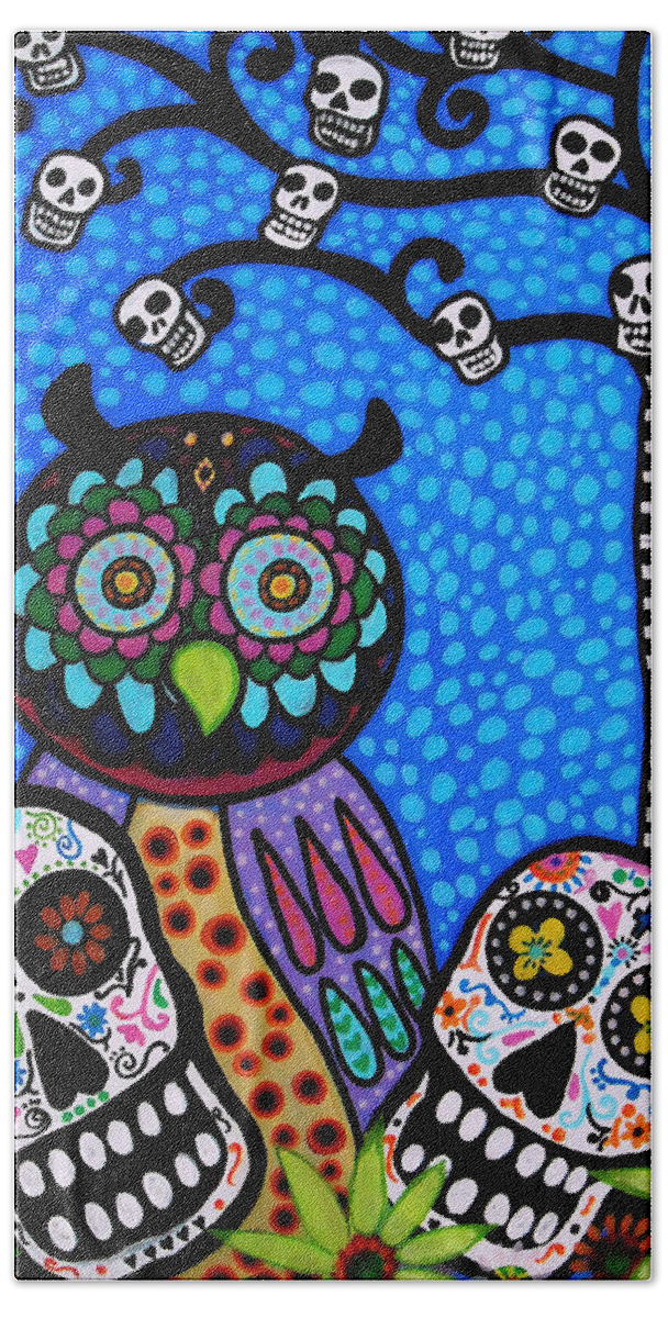 Flower Beach Towel featuring the painting Owl And Sugar Day Of The Dead by Pristine Cartera Turkus