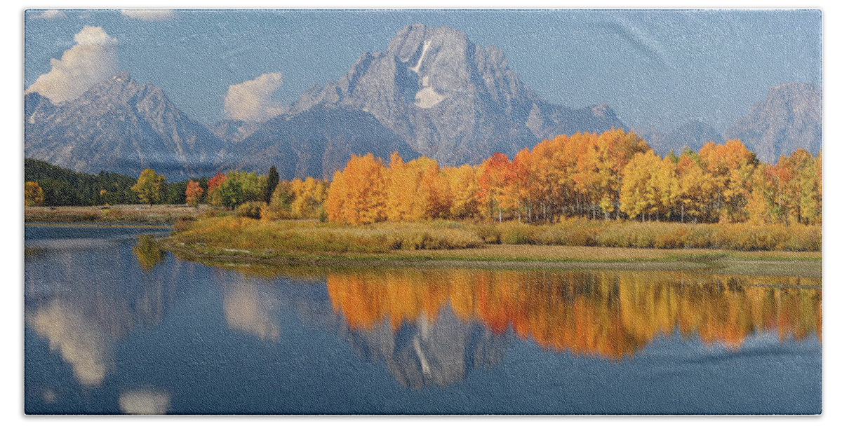 Grand Tetons Beach Towel featuring the photograph Oxbow Bend Reflection by Wesley Aston