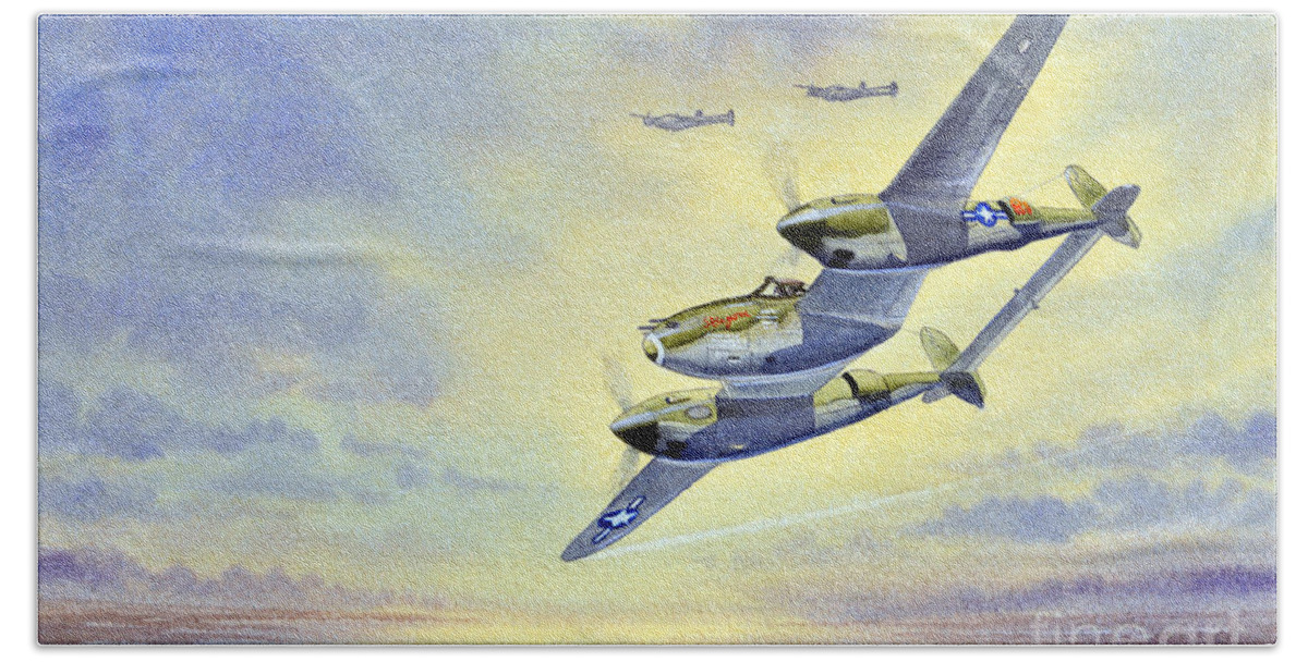 P-38 Lightning Aircraft Paintings Beach Sheet featuring the painting P-38 Lightning Aircraft by Bill Holkham
