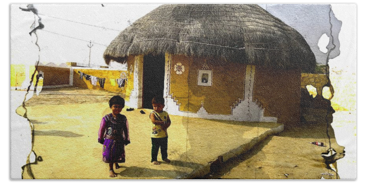 Cowdung Beach Towel featuring the photograph Painted Houses Cowdung Mud Round Huts Kids India Rajasthan 1f by Sue Jacobi
