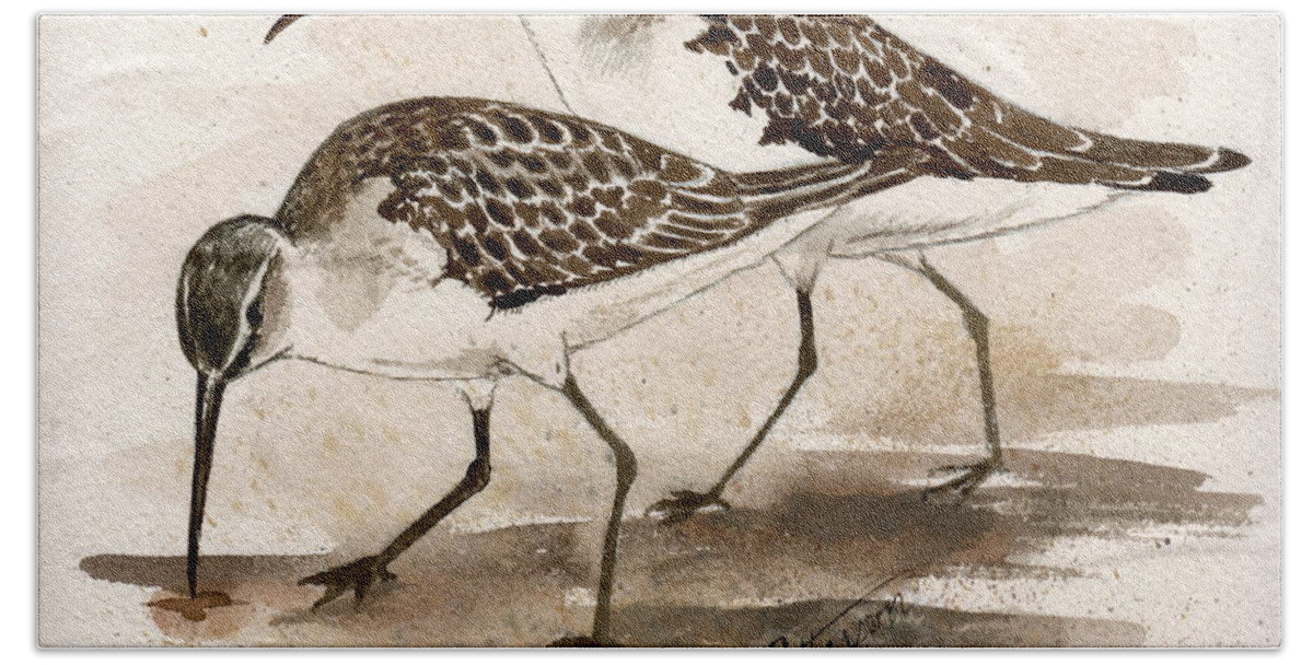 Sandpipers Beach Sheet featuring the painting Pair of Sandpipers by Nancy Patterson