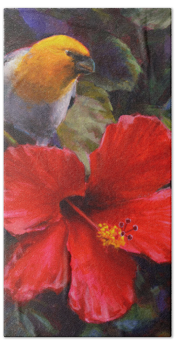 Endangered Birds Beach Sheet featuring the painting Palila and Hibiscus - Hawaiian Painting by K Whitworth