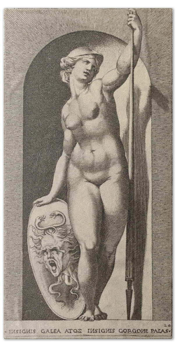 Giovanni Jacopo Caraglio Beach Towel featuring the drawing Pallas Athena by Giovanni Jacopo Caraglio