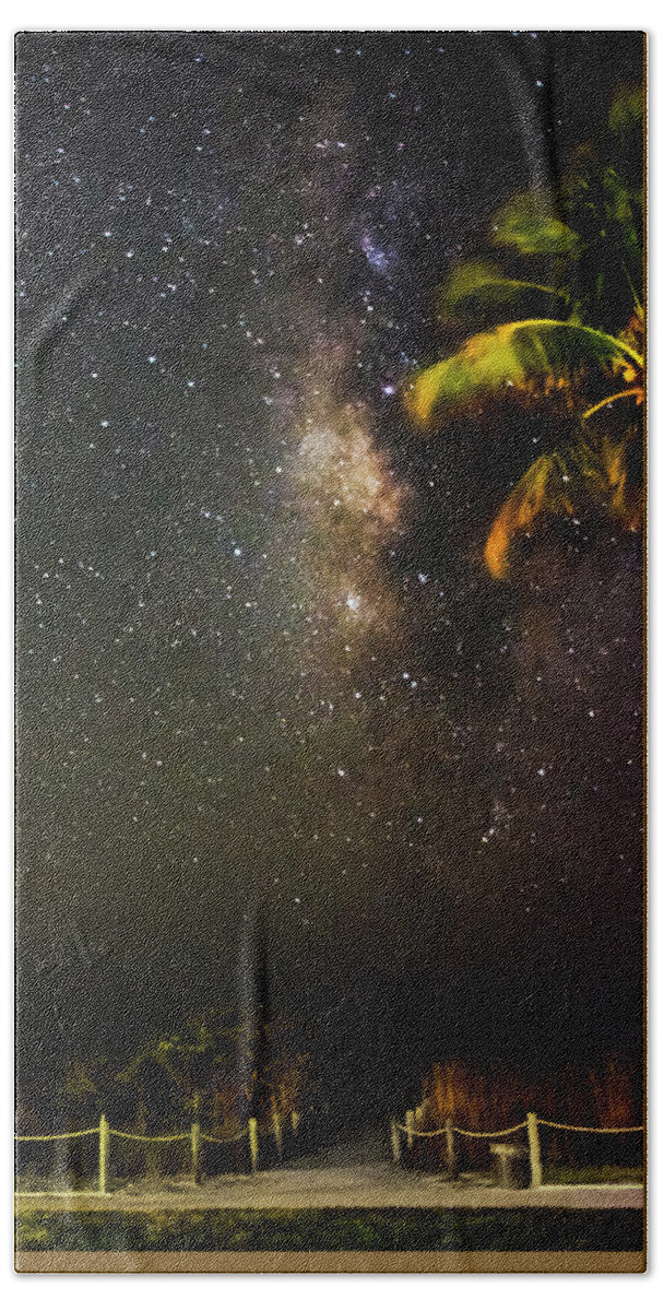 Milky Way Beach Sheet featuring the photograph Palm Tree Beach And Stars by Greg and Chrystal Mimbs