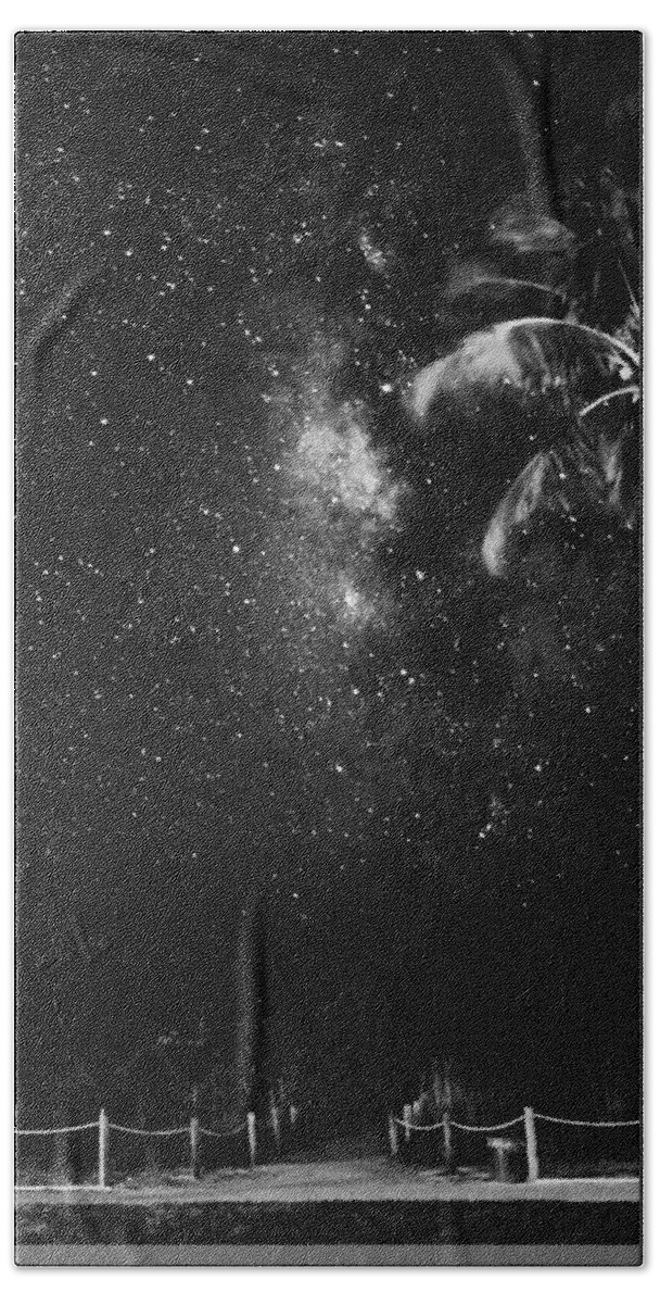 Milky Way Beach Towel featuring the photograph Palm Tree Beach And Stars In Black And White by Greg and Chrystal Mimbs