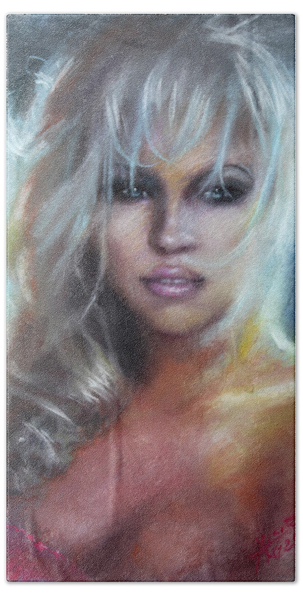 Pamela Anderson Beach Towel featuring the pastel Pamela Anderson by Ylli Haruni