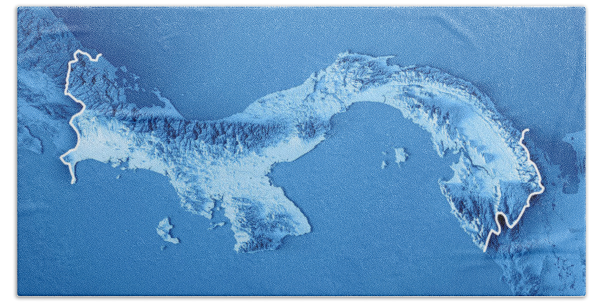 Panama Beach Towel featuring the digital art Panama 3D Render Topographic Map Blue Border by Frank Ramspott