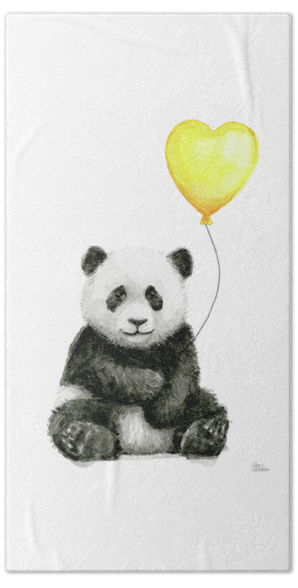 Baby Panda Beach Towel featuring the painting Panda Baby with Yellow Balloon by Olga Shvartsur