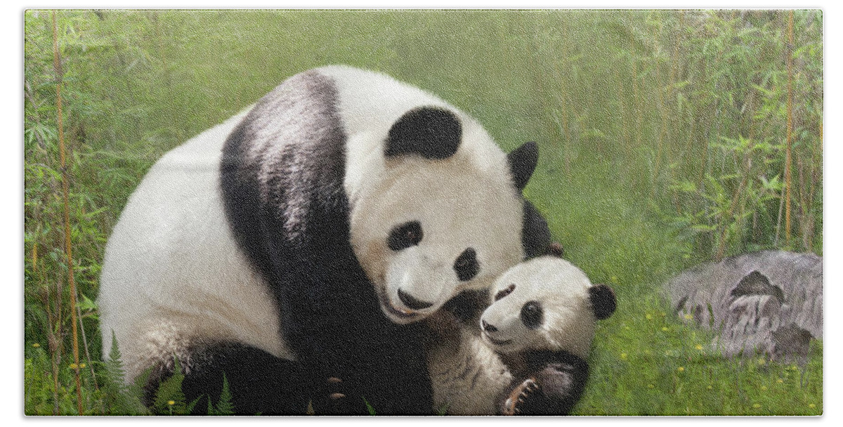 Panda Bear Beach Sheet featuring the digital art Panda Bears by Thanh Thuy Nguyen