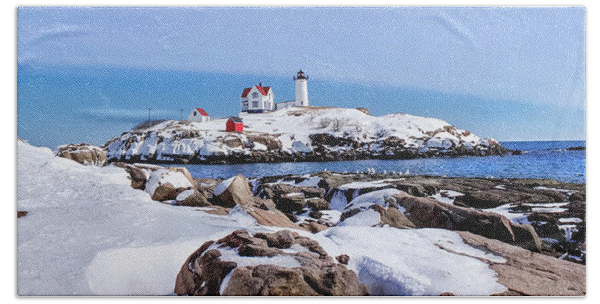 Lighthouse Beach Towel featuring the photograph Pano Nubble by Greg Fortier