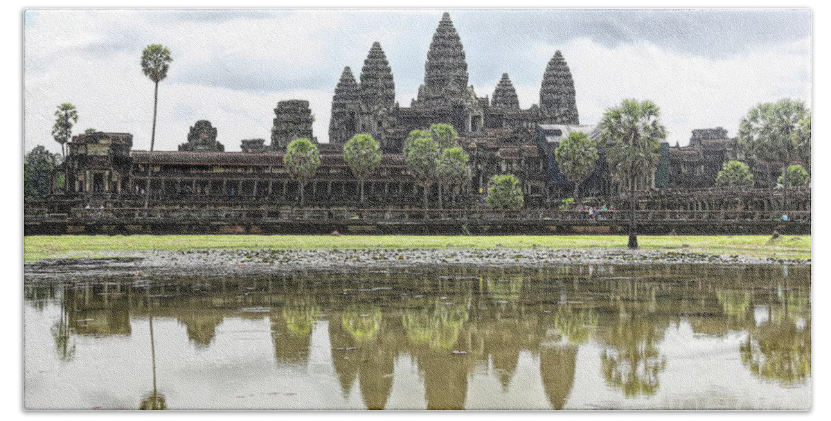 Angkor Wat Beach Towel featuring the photograph Panorama Angkor Wat Reflections by Chuck Kuhn
