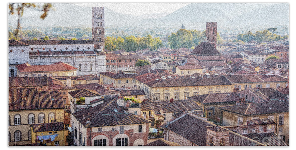 Italy Beach Towel featuring the photograph panorama of old town Lucca, Italy by Ariadna De Raadt