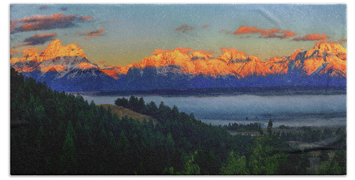 Grand Teton National Park Beach Towel featuring the photograph Panoramic Dawn on the Tetons by Greg Norrell