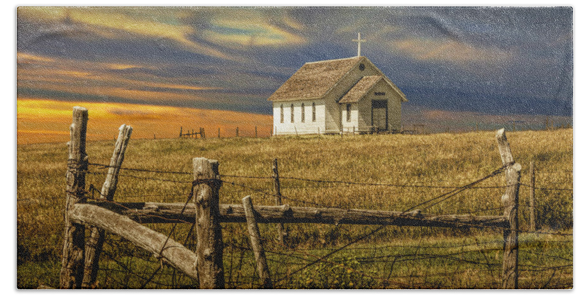 Church Beach Towel featuring the photograph Panoramic of Old Rural Country Church at Sunset on the Prairie by Randall Nyhof