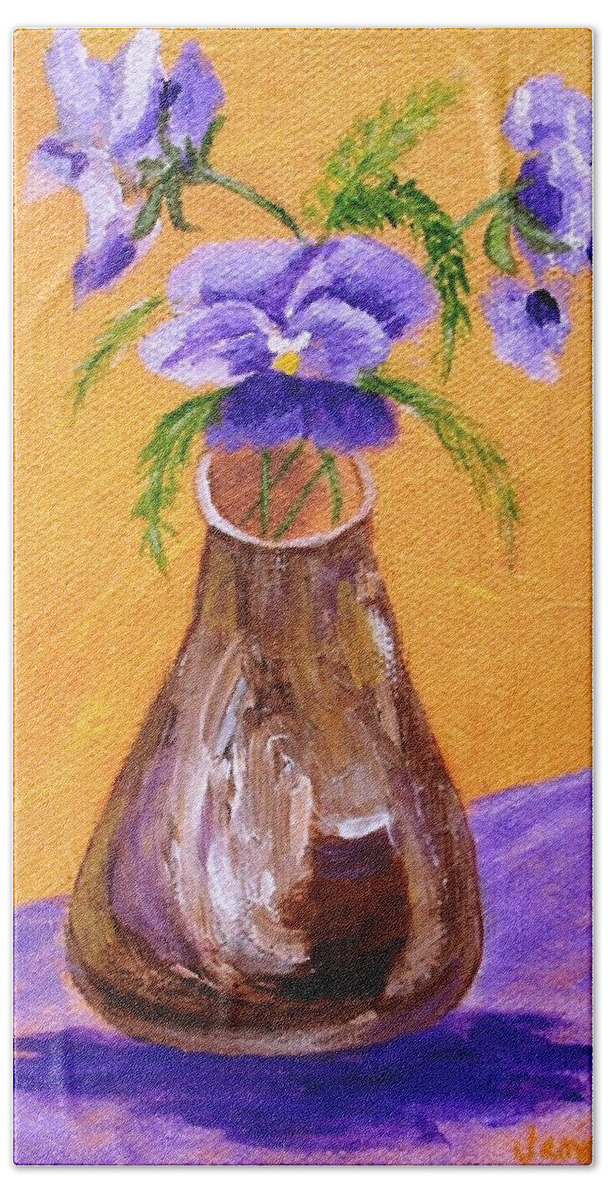 Pansy Beach Sheet featuring the painting Pansies in Brown Vase by Jamie Frier