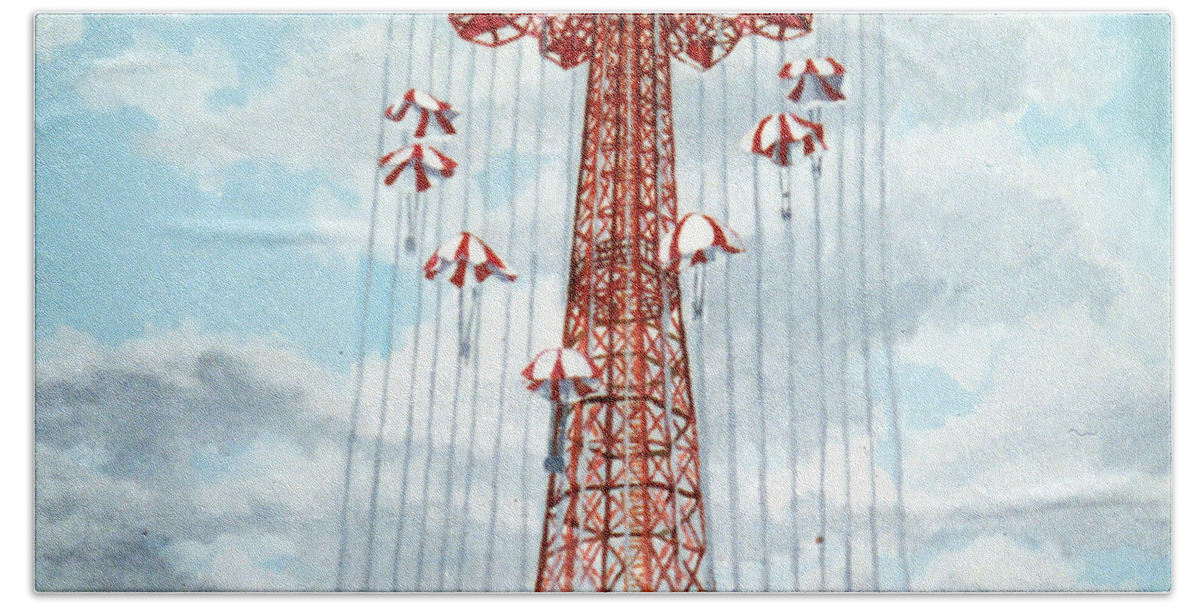 Parachute Jump Beach Towel featuring the painting Parachute Jump in Coney Island New York by Bonnie Siracusa
