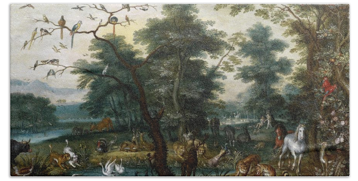 Jan Brueghel The Younger Beach Towel featuring the painting Paradise landscape with the Fall by Jan Brueghel the Younger
