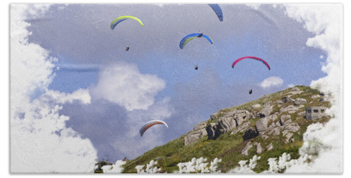 T-shirt Beach Towel featuring the photograph Paragliding Over Sennen Cove on Transparent background by Terri Waters