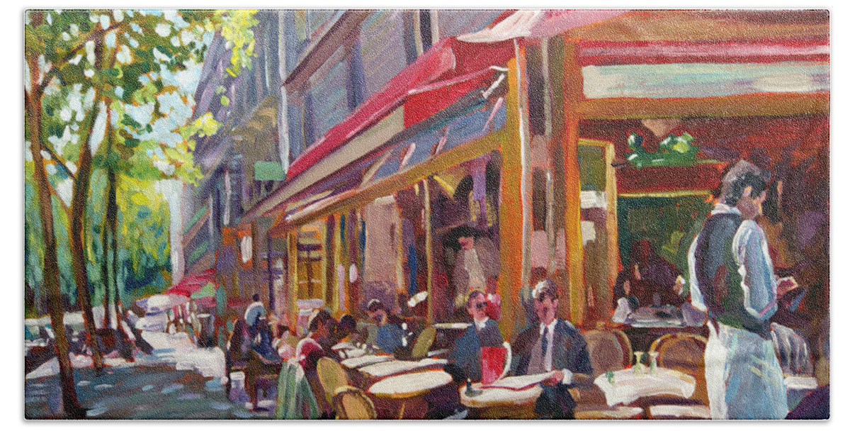 Landscape Beach Towel featuring the painting Paris Cafe Society by David Lloyd Glover