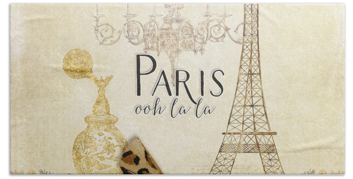 Fashion Beach Towel featuring the painting Paris - Ooh la la Fashion Eiffel Tower Chandelier Perfume Bottle by Audrey Jeanne Roberts